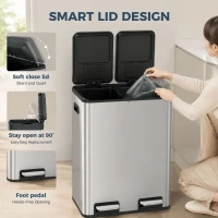 HOMCOM 2 x 30L Double Kitchen Bin, Stainless Steel Pedal Rubbish Bin with Dual Compartments, Soft Close Lids, Silver Tone(m-5)