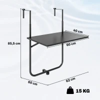 Outsunny Table de balcon suspendue plateau rectangulaire et hauteur réglable cadre en métal, dim. 62L x 60P x 85,5H cm noir(m-3)