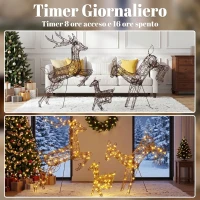 Outsunny Set 3 Renne di Natale Luminose da Esterno 120 cm, 200 LED Bianco Caldo, 8 Modalità di Illuminazione, Timer, Marrone(m-6)
