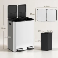 HOMCOM 2 x 30L Double Kitchen Bin, Stainless Steel Pedal Rubbish Bin with Dual Compartments, Soft Close Lids, Silver Tone(m-3)