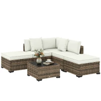 Outsunny Salon de jardin extérieur d'angle 5 places en résine tressée, canapés, repose-pieds, table basse et coussins, crème(m-13)