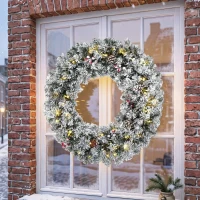 HOMCOM Corona de Navidad Puerta Efecto Nevado con 50 LED Luces Piñas Bayas y Lazo Festivo para Chimenea Pared Ventana(m-10)