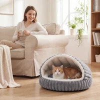 PawHut Letto per Gatti Fino a 5 kg Rotondo Semichiuso in Peluche Effetto Coniglio con Cuscino Lavabile, Grigio(m-10)