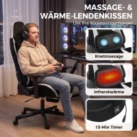HOMCOM Gaming-Stuhl mit Massage- und beheiztem Lendenkissen, ergonomisch, Leinenoptik, 3D-Armlehnen, Kopfstütze, Schwarz(m-4)