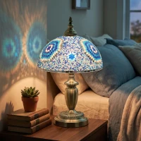 HOMCOM Tiffany Lamp, Stained Glass Bedside Table Lamp with Button Switch and Metal Base, 12 x 12 x 20 Inches, Blue(m-2)