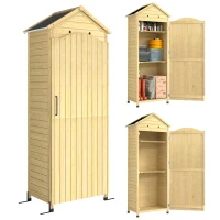 Outsunny Armoire de Jardin en Bois Toit Acier Galvanisé Texture Gaufrée Étagères Réglables 85x58x213cm Bois Naturel(m-11)