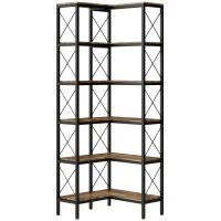 HOMCOM 5-Tier L-Shaped Bookshelf, Freestanding Corner Bookcase with Metal Frame, Rustic Brown(m-1)