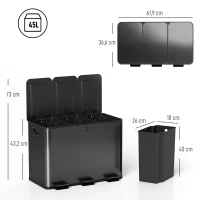 HOMCOM Poubelle de cuisine 45L avec 3 compartiments de 15L, couvercle, seaux intérieurs amovibles, 3 x 15L, noir(m-3)