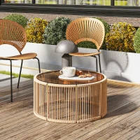 Outsunny Table Basse de Jardin Ronde en Résine Tressée, Plateau en Verre Trempé et Cadre en Acier Galvanisé, 70x70x33cm, Marron(m-9)