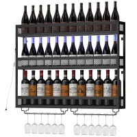 HOMCOM Wall-Mounted Wine Rack with LED Lights, Glass Holders, Open Shelf, Metal Storage Rack, Black(m-15)