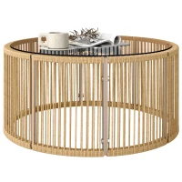 Outsunny Table Basse de Jardin Ronde en Résine Tressée, Plateau en Verre Trempé et Cadre en Acier Galvanisé, 70x70x33cm, Marron(m-11)