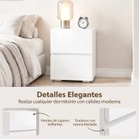 HOMCOM Juego de 2 Mesitas de Noche Estrechas Mesillas de Noche Dormitorio con 2 Cajones Frentes de Alto Brillo Blanco(m-5)