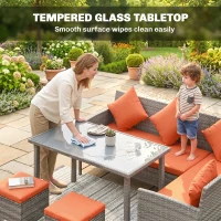 Outsunny 6-Seater Rattan Dining Set Sofa Table Footstool Outdoor w/ Cushion Garden Furniture, Orange(m-7)