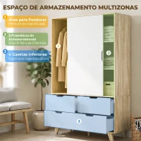 HOMCOM Roupeiro Moderno com Portas de Correr, Varão, Prateleiras Ajustáveis e 4 Gavetas, Carvalho e Branco(m-4)