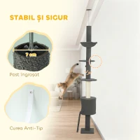 PawHut Arbore pentru Pisici la Tavan Înalt 220-240 cm cu Hamac, Căsuță, Platforme în Formă de Floare și Stâlpi din Sisal, Gri(m-7)