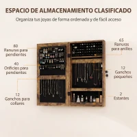 HOMCOM Espejo Joyero de Pared con Cerradura y Varios Compartimentos Montar en Pared o Puerta Marrón Rústico y Forro Negro(m-5)