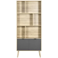 HOMCOM Modern Bookcase with Bottom Cabinet and 6 Open Shelves, Freestanding Bookshelf for Study Living Room Home Office, Natural and Dark Grey(m-10)