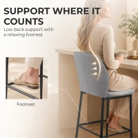 HOMCOM Modern Tall Chairs, Set of 2 Velvet Bar Stools with Footrest and Backrest, Kitchen & Living Room Stools, Grey(m-4)