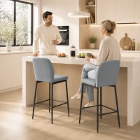 HOMCOM Modern Tall Chairs, Set of 2 Velvet Bar Stools with Footrest and Backrest, Kitchen & Living Room Stools, Grey(m-14)