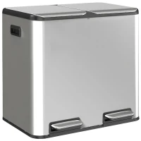 HOMCOM 2 x 20L Double Kitchen Bin, Stainless Steel Pedal Rubbish Bin with Dual Compartments, Soft Close Lids, Silver Tone(m-1)