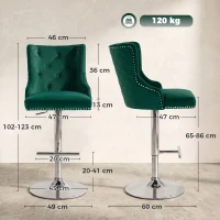 HOMCOM Bar Stools Set of 2, Modern Swivel & Adjustable Velvet Barstools with Button-Tufted Back, Footrest for Home Bar, Green(m-3)