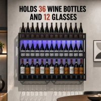 HOMCOM Wall-Mounted Wine Rack with LED Lights, Glass Holders, Open Shelf, Metal Storage Rack, Black(m-4)