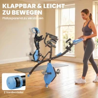 HOMCOM Vélo d'Appartement Pliable 4-en-1 - Ergomètre Magnétique Silencieux avec Cordes de Résistance - Sport Maison et Cardio-training avec Roulettes, Selle Confort et LCD (Max 120kg), Bleu(m-7)