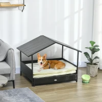 PawHut Extendable Elevated Dog Bed, Rattan Dog House, with Water-Resistant Roof, Removable Cushion, Cream(m-10)