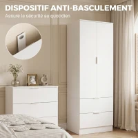 HOMCOM Armoire Chambre Penderie avec 2 Tiroirs, 2 Portes à Fermeture Douce et Barre de Suspension, 60 x 47 x 180 cm, Blanc(m-5)