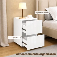 HOMCOM Juego de 2 Mesitas de Noche Estrechas Mesillas de Noche Dormitorio con 2 Cajones Frentes de Alto Brillo Blanco(m-4)