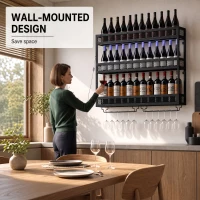 HOMCOM Wall-Mounted Wine Rack with LED Lights, Glass Holders, Open Shelf, Metal Storage Rack, Black(m-6)