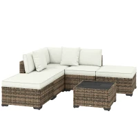 Outsunny Salon de jardin extérieur d'angle 5 places en résine tressée, canapés, repose-pieds, table basse et coussins, crème(m-1)