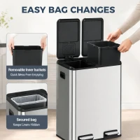 HOMCOM 2 x 30L Double Kitchen Bin, Stainless Steel Pedal Rubbish Bin with Dual Compartments, Soft Close Lids, Silver Tone(m-7)