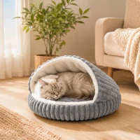PawHut Letto per Gatti Fino a 5 kg Rotondo Semichiuso in Peluche Effetto Coniglio con Cuscino Lavabile, Grigio(m-9)
