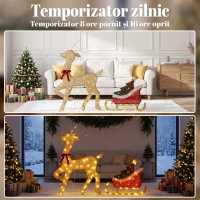 Outsunny Ren de Crăciun Iluminat cu Sanie, 95 LED-uri, Înălțime 125 cm, Auriu(m-6)