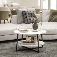 HOMCOM Two-Tier Marble-Effect Coffee Table - White/Black(m-10)