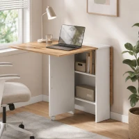HOMCOM Folding Dining Table, Drop Leaf Table with 2-Tier Shelves, Rolling Casters, White and Natural(m-9)