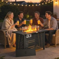 Outsunny Propane Gas Fire Pit Table, Outdoor Firepit with 43" Steel Tabletop and Lid, 50,000 BTU Pulse Ignition Fire Table w/ Stainless Steel Burner, Glass Wind Guard, and Cover(m-10)