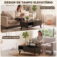 HOMCOM Mesa de Centro Elevatória com Compartimento Oculto e Prateleiras Abertas 100x48x41-56 cm Nogueira(m-4)