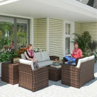 Outsunny Conjunto de Jardín Exterior de Ratán 6 Piezas Cojines Sofá Doble Sofá 3 Plazas 2 Sillones 2 Mesas Auxiliares Beige(m-2)