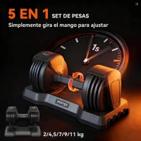 SPORTNOW Mancuerna Ajustable 11 kg Set 5 en 1 con Sistema Ajuste Rápido Bloqueo de Seguridad Agarre Antideslizante y Base(m-4)