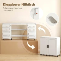HOMCOM Klappbarer Nähtisch mit 2 Magnettüren, rollbarer Basteltisch mit 4 Boxen, 20 Haltestiften, Ablagefach, Weiß(m-5)