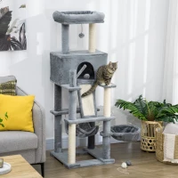 PawHut Albero Tiragraffi per Gatti con Pali in Sisal, Casetta, Lettino e Amache, 48x48x140cm, Grigio(m-9)