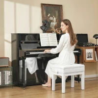 HOMCOM Banquette tabouret siège pour piano coffre intégré hauteur réglable bois hévéa assise revêtement synthétique blanc(m-11)