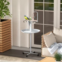 PawHut Bird Stand with Four Wheels, Perches, Stainless Steel Feed Bowls, Round Tray, for Garden, Indoor, Outdoor - White(m-10)