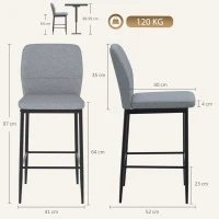 HOMCOM Modern Tall Chairs, Set of 2 Velvet Bar Stools with Footrest and Backrest, Kitchen & Living Room Stools, Grey(m-3)