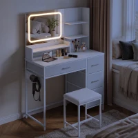 HOMCOM Dressing Table with 3-Colour LED Mirror, Power Outlet, Vanity Desk with 4 Drawers, 5 Shelves, Hair Dryer Holder(m-9)