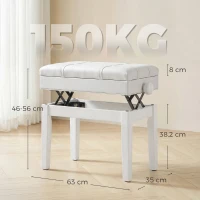 HOMCOM Banquette tabouret siège pour piano coffre intégré hauteur réglable bois hévéa assise revêtement synthétique blanc(m-3)