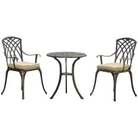Outsunny 3 Piece Cast Aluminium Garden Bistro Set for 2 with Parasol Hole, Outdoor Coffee Table Set Rust Resistant with Cushions - Bronze(m-13)