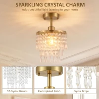 HOMCOM Crystal Ceiling Light with 57 Crystal Strands, Ceiling Light with Mounting Plate for Hallway, Gold Tone(m-5)